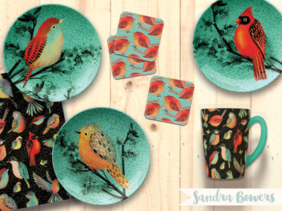12 Birds Illustrations and Patterns birds cardinals ceramics home decor licensing plates watercolor