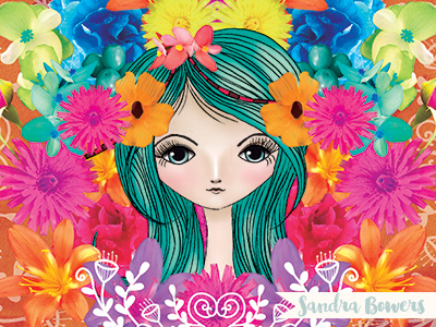 Summer Girl Illustration colorful face flowers girl illustration print summer