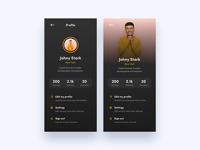 Profile Page Exploration Dark Theme app daily ui itinerary material design profile profile card profile design profile page ui user interface web design