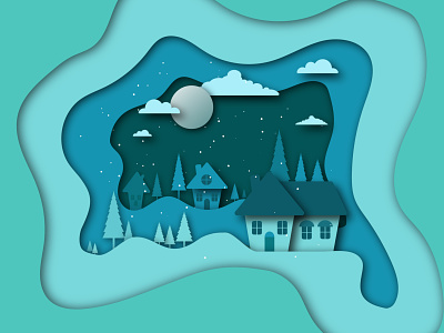 Snowy Winter blue clouds design graphic design illustration minimal moon pine snow snow house snowy winter vector winter
