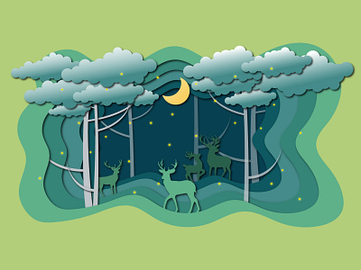 Forest-Night animal design firefly forest graphic design green illustration jungle minimal moon papercut reindeer trees vector