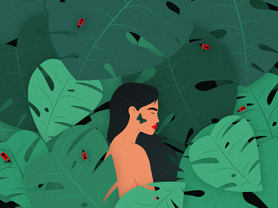The Forest Girl butterfly fantasy forest forest girl girl graphic design green illustration jungle leaves minimal red bug vector