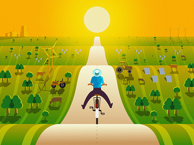 Country Road autumn bicycle country country road countryside cow design evening grain graphic design green illustration minimal road sun tractor tree vector windmill