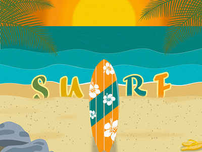 SURF beach blue graphic design illustration minimal orange pam tree sand sea sun sunset surfing vector wave