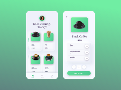 Neomorphic cafe order phone app design concept