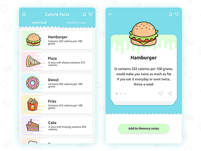 Calorie Facts App design app burger calorie facts cards food illustration ui