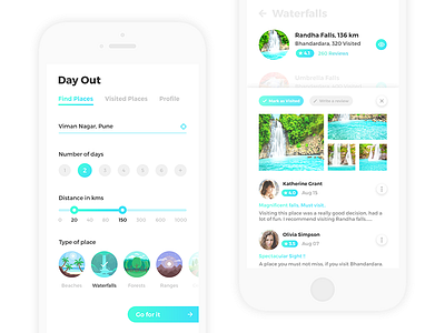 Day Out app app design gradient minimal rating review search travel ui