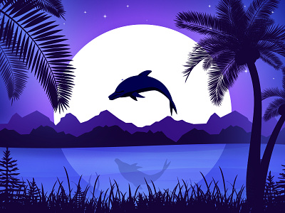 A Night View coconut tree dark dark colors dolphin moon night view river rocks
