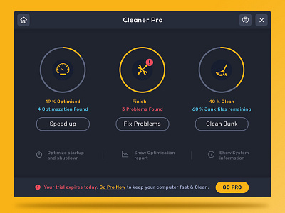 PC Cleaner cleaner darktheme dashboard ui design yellow