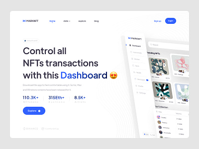 landing page of NFT Marketplace app dashboard