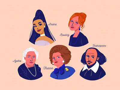 Celebrities 03 agatha christie ariana grande book celebrities characters childrens book flat illustration j.k. rowling margaret thatcher people portrait shakespeare vector