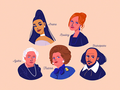 Celebrities 03 agatha christie ariana grande book celebrities characters childrens book flat illustration j.k. rowling margaret thatcher people portrait shakespeare vector