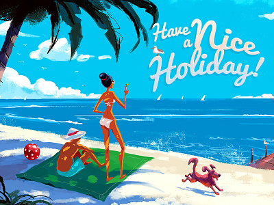 Holiday Postcard couple dog happy holiday illustration palm tree sea sunshine