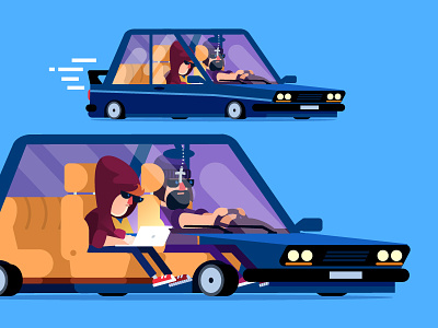 Car Hackers animation car characters crime drive driving gangsters hacker laptop vector