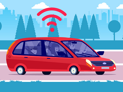 Family Car animation car characters drive family road wifi