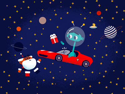 Santa's trip2 animation car cartoon character christmas gift gift box illustration planet santa space stars tesla tesla car ufo vector xmas