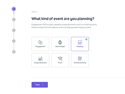 Event Planning Wizard cards clean dashboard design flat forms icon icons illustration landing navigation onboarding purple simple steps swiss typography ui ux