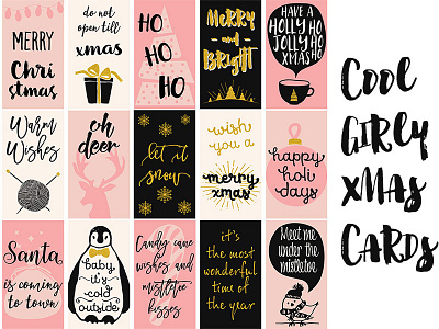 Cool Girly Xmas Cards black brush lettering cards christmas doodles gold hand drawn pink winter xmas