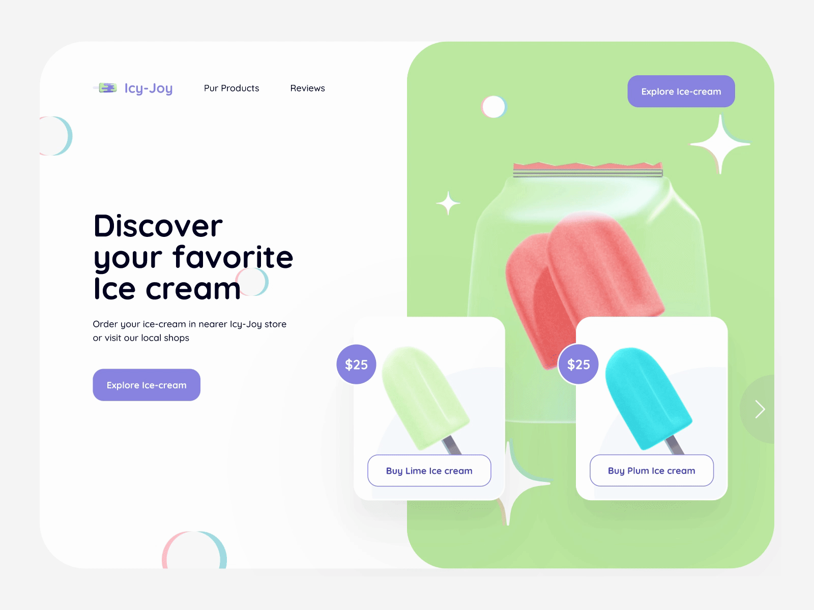 Ice cream Shop - Web design 3d aesthetic animation app blue branding colorful design green ice cream illustration landing page motion graphics product page purple sweet ui ui ux ux vector
