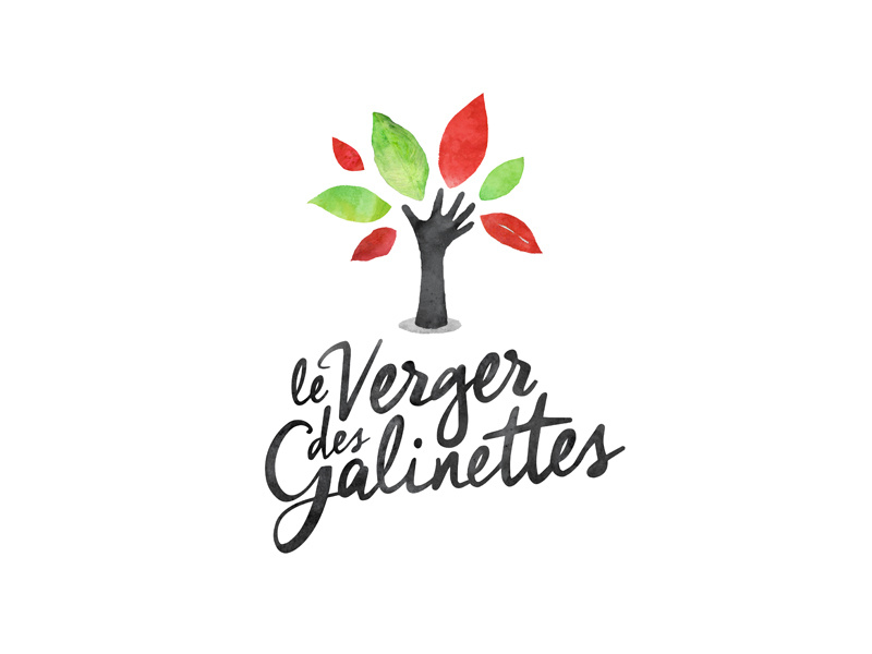 Le verger des galinettes agricultural green red watercolor leafs hand tree nature bio farm logo logotype leaf