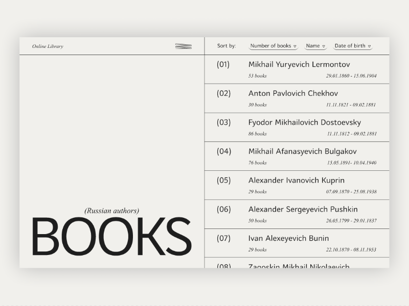 Online library with books of Russian classical writers animation design library motion graphics typography ui ux web