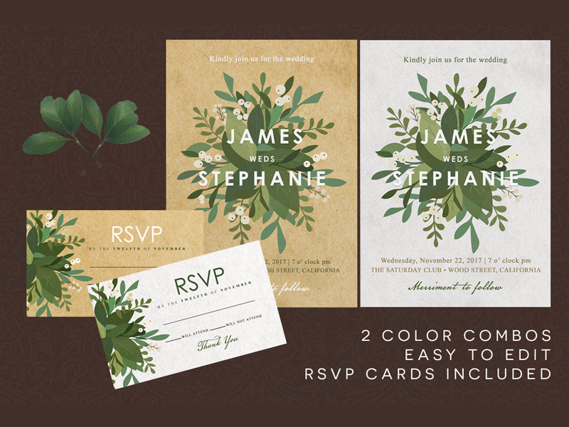 Minimal Floral Wedding Invitation elegant watercolor floral white green invitation modern minimal invitations classique card wedding