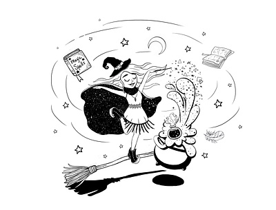 Cute spell black black and white character cute witch design drawing girl illustration littlle witch magic minimalist simple spell spellbook witch