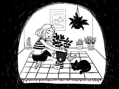 Home black and white design drawing girl illustration minimalist plants room simple