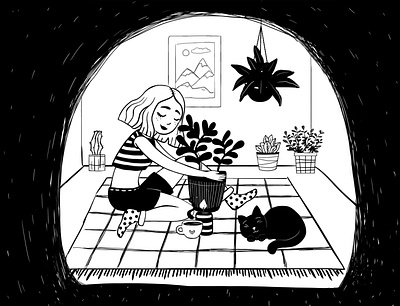 Home black and white design drawing girl illustration minimalist plants room simple