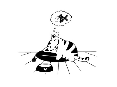 Dreaming animal character black black and white cartoon cat design drawing illustration minimalist simple sleeping