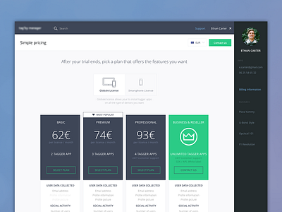 Pricing Page dashboard pricing