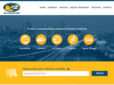 M2 Transport Homepage blue gold logistics mockup shipping transportation trucks website