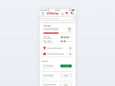 JCPenney Rewards Dashboard apps ecommerce jcp jcpenney mobile ui