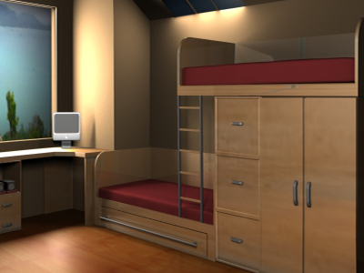 3D room 3d bed computer desk maya room wood