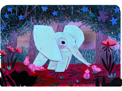 baby elephant + birds art birds character design color cute animals elephant gouache illustration painting