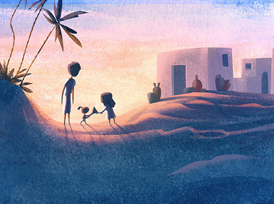 Friends at Sunset animation art art character design color environment design girl gouache illustration painting