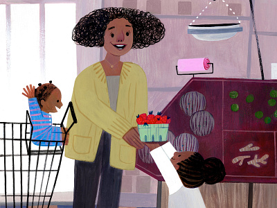 At Grocery Store with Mom art character design color environment design family gouache grocery illustration painting strawberries