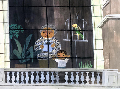 grandma + boy + bird in window art character design color gouache illustration painting