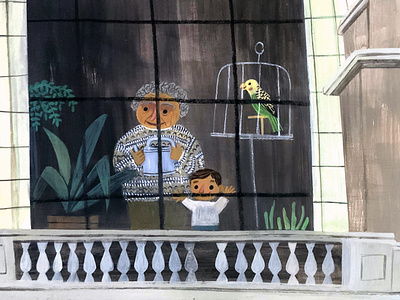 grandma + boy + bird in window