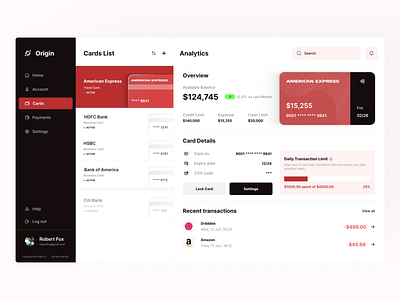 Origin - Card Management Dashboard accounting tool application card credit card dashboard credit limit dashboard design system figma finance fintech app payment productivity saas saas app saas management dashboard statistics transaction user experience user interface