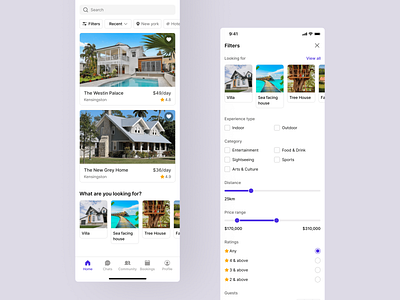 Travel & Booking App - Home & Filters airbnb app booking concept design filters home hotel minimal mobile renting stay travel ui ux