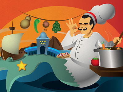 big chef big chef cooker gastronomy holiday illustration sea ship tourism