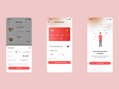 Checkout screens for a food delivery app. app design typography ui