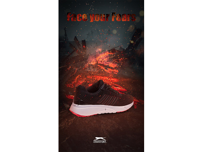 SP#4: Face your Fears abstract design ecommerce face fears fire graphic design photo editing photo retouching photoshop poster design promotional design shoe design shoe poster web