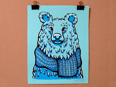 Scarf Bear Screen Print bear blue french paper illustration print printmaking scarf screen printing screenprint vector winter