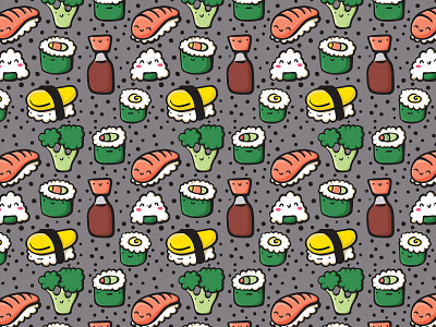 Sushi Dudes Pattern broccoli cute food food with faces happy illustration japanese kawaii pattern soy sauce sushi vector