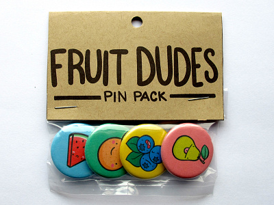 Fruit Dudes Pin Pack button cute fruit illustration kawaii lettering packaging pear pinback pins vector watermelon