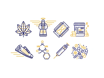 Drug Icons angel cocaine drugs illustration line art marijuana monoline pills shoe syringe tablets trainer