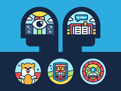 Infographic Elements badge book corgi cosmic dog eye head illustration primary colors shield stained glass zelda