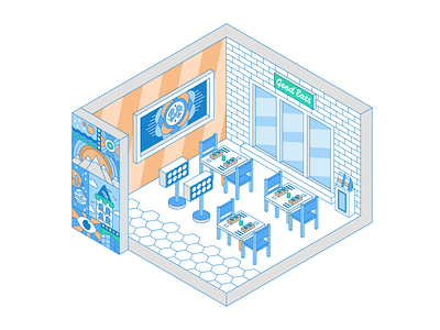 Isometric for Fundera cafe chairs illustration isometric line art mountains mural restaurant